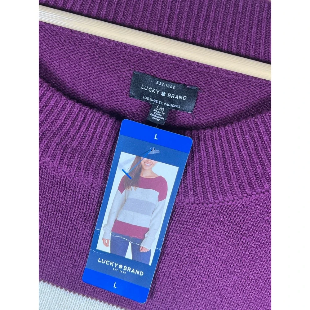 NWT Lucky Brand Womens Striped Boat Neck Long Sleeve Pullover Sweater Burgundy L